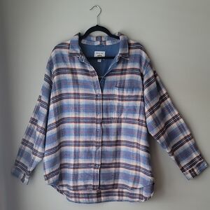 Cozy American Eagle Long Sleeve Blue & Orange Plaid Flannel